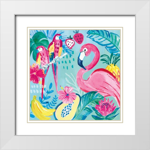 Fruity Flamingos V White Modern Wood Framed Art Print with Double Matting by Zaman, Farida