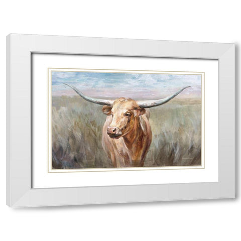 Big Sky Longhorn Sunset White Modern Wood Framed Art Print with Double Matting by Nai, Danhui