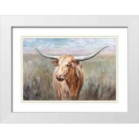 Big Sky Longhorn Sunset White Modern Wood Framed Art Print with Double Matting by Nai, Danhui