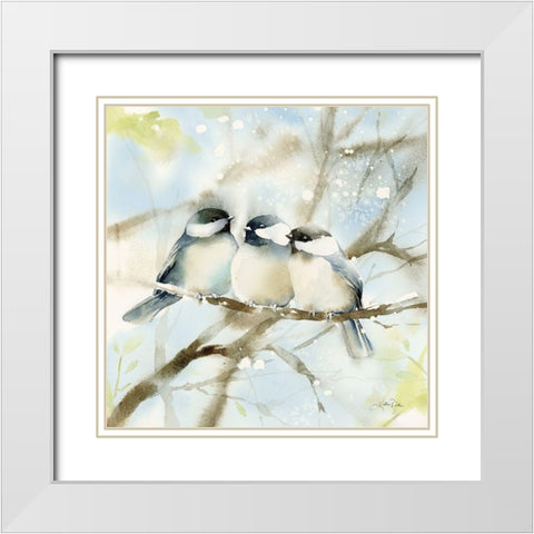 Three Chickadees in Spring Sq White Modern Wood Framed Art Print with Double Matting by Pete, Katrina
