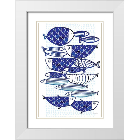 Blue Fish III White Modern Wood Framed Art Print with Double Matting by Charro, Mercedes Lopez
