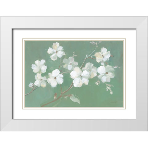 Blossoms on Sage White Modern Wood Framed Art Print with Double Matting by Nai, Danhui