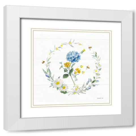 Bees and Blooms Flowers III with Wreath White Modern Wood Framed Art Print with Double Matting by Nai, Danhui