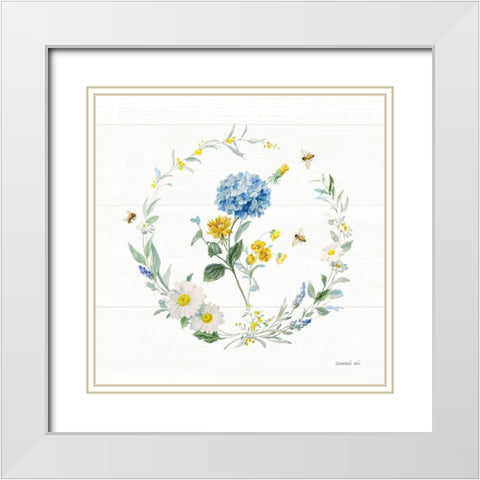 Bees and Blooms Flowers III with Wreath White Modern Wood Framed Art Print with Double Matting by Nai, Danhui