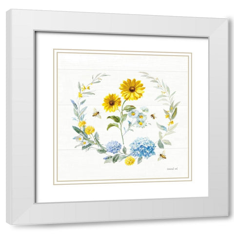 Bees and Blooms Flowers IV with Wreath White Modern Wood Framed Art Print with Double Matting by Nai, Danhui