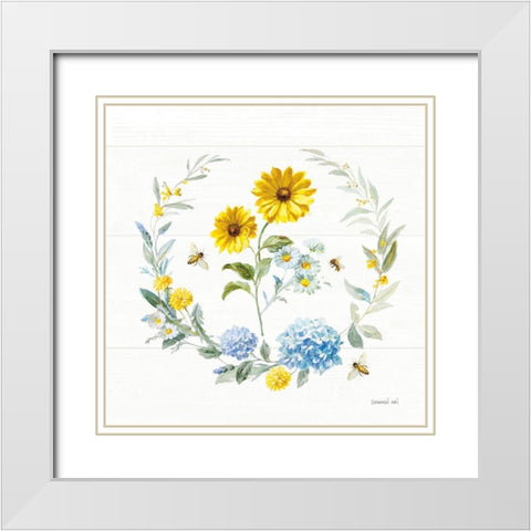 Bees and Blooms Flowers IV with Wreath White Modern Wood Framed Art Print with Double Matting by Nai, Danhui