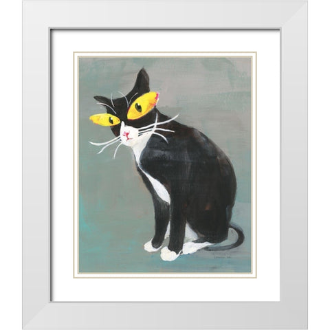 Black Kitty White Modern Wood Framed Art Print with Double Matting by Nai, Danhui