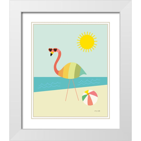 Beach Flamingo White Modern Wood Framed Art Print with Double Matting by Kelle, Ann
