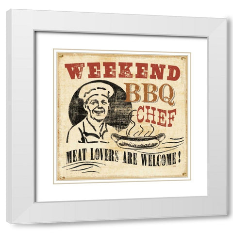 Weekend BBQ Chef White Modern Wood Framed Art Print with Double Matting by Pela Studio