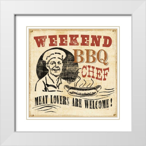 Weekend BBQ Chef White Modern Wood Framed Art Print with Double Matting by Pela Studio