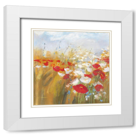 Poppies and Larkspur I White Modern Wood Framed Art Print with Double Matting by Rowan, Carol