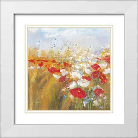 Poppies and Larkspur I White Modern Wood Framed Art Print with Double Matting by Rowan, Carol