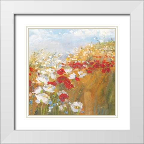 Poppies and Larkspur II White Modern Wood Framed Art Print with Double Matting by Rowan, Carol