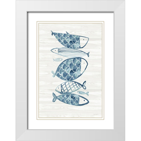 Driftwood Blue Fish I White Modern Wood Framed Art Print with Double Matting by Charro, Mercedes Lopez