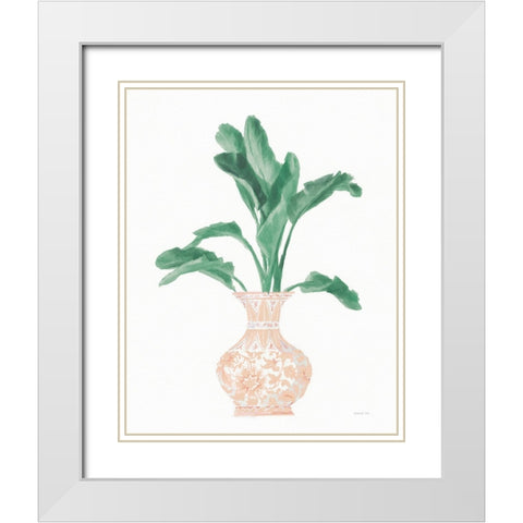 Palm Chinoiserie I Pink Green v2 White Modern Wood Framed Art Print with Double Matting by Nai, Danhui