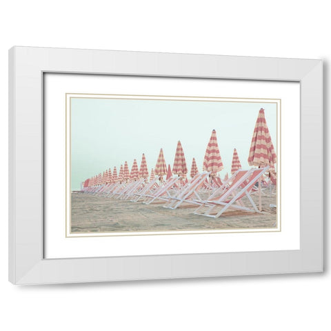 Pink Umbrellas White Modern Wood Framed Art Print with Double Matting by Aledanda