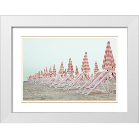 Pink Umbrellas White Modern Wood Framed Art Print with Double Matting by Aledanda