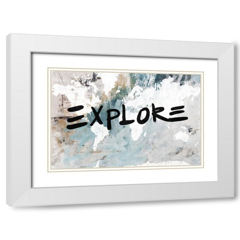 Explore Neutral World Map White Modern Wood Framed Art Print with Double Matting by Youngstrom, Kent