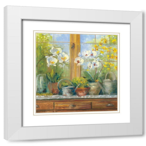 Gardeners Table Orchids White Modern Wood Framed Art Print with Double Matting by Rowan, Carol
