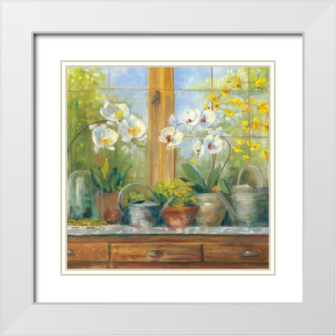 Gardeners Table Orchids White Modern Wood Framed Art Print with Double Matting by Rowan, Carol