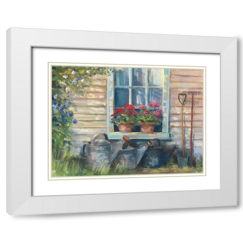 Window with Geraniums White Modern Wood Framed Art Print with Double Matting by Rowan, Carol