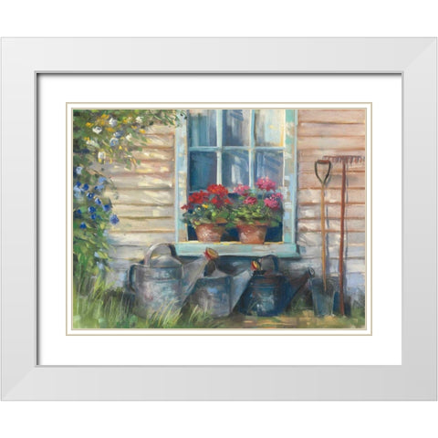 Window with Geraniums White Modern Wood Framed Art Print with Double Matting by Rowan, Carol