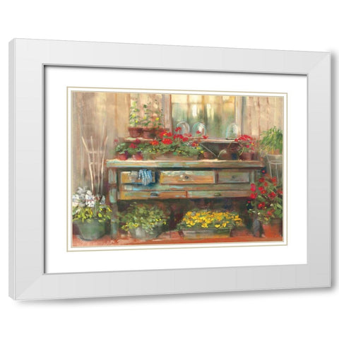 Gardners Table White Modern Wood Framed Art Print with Double Matting by Rowan, Carol