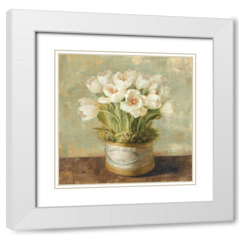 Hatbox Tulips - Wag White Modern Wood Framed Art Print with Double Matting by Nai, Danhui