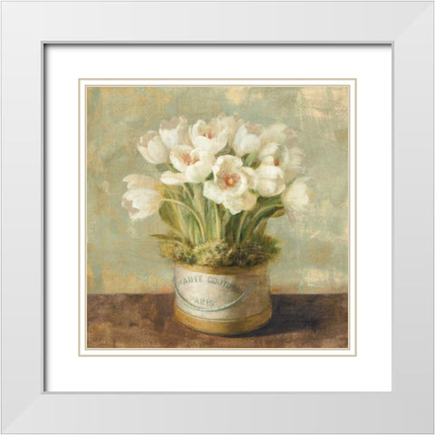 Hatbox Tulips - Wag White Modern Wood Framed Art Print with Double Matting by Nai, Danhui