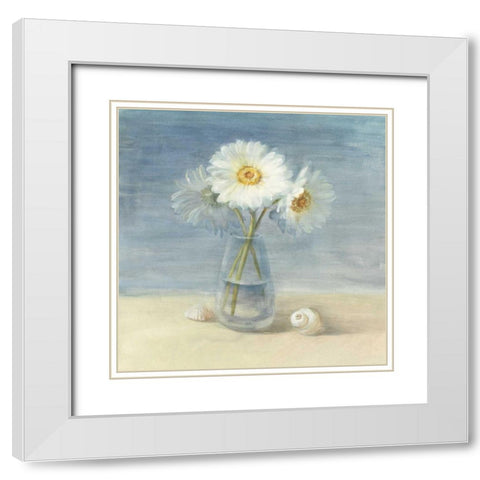 Daisies and Shells - Wag White Modern Wood Framed Art Print with Double Matting by Nai, Danhui