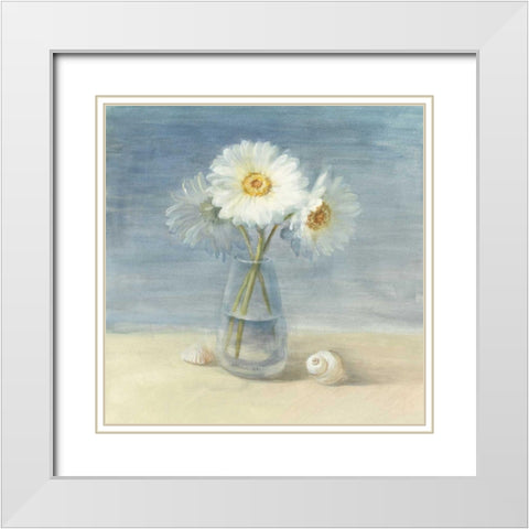 Daisies and Shells - Wag White Modern Wood Framed Art Print with Double Matting by Nai, Danhui