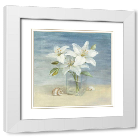Lilies and Shells - Wag White Modern Wood Framed Art Print with Double Matting by Nai, Danhui