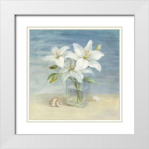 Lilies and Shells - Wag White Modern Wood Framed Art Print with Double Matting by Nai, Danhui