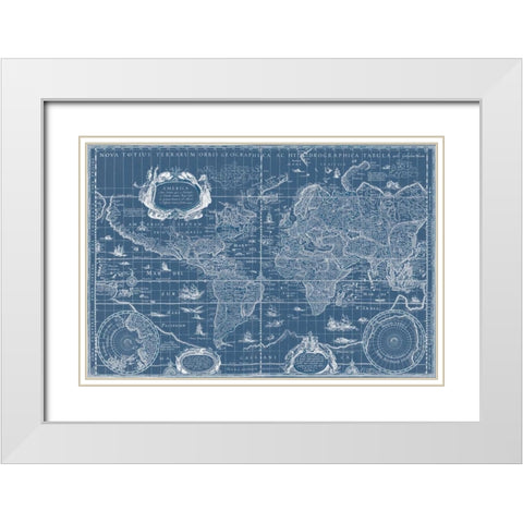 Blueprint World Map White Modern Wood Framed Art Print with Double Matting by Blaeu, Willem