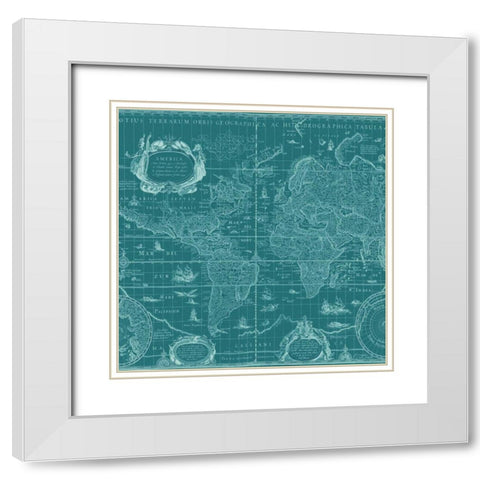 Blueprint Map(Teal)Â   White Modern Wood Framed Art Print with Double Matting by Blaeu, Willem