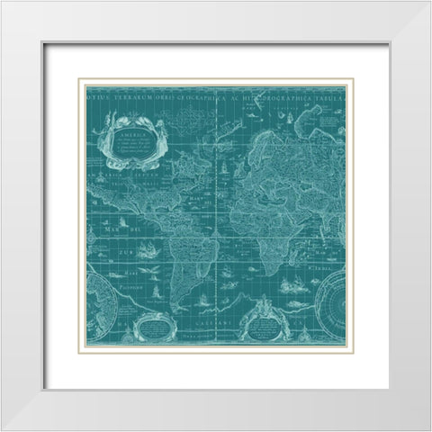 Blueprint Map(Teal)Â   White Modern Wood Framed Art Print with Double Matting by Blaeu, Willem
