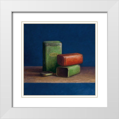 Tin boxes II White Modern Wood Framed Art Print with Double Matting by van Riswick, Jos
