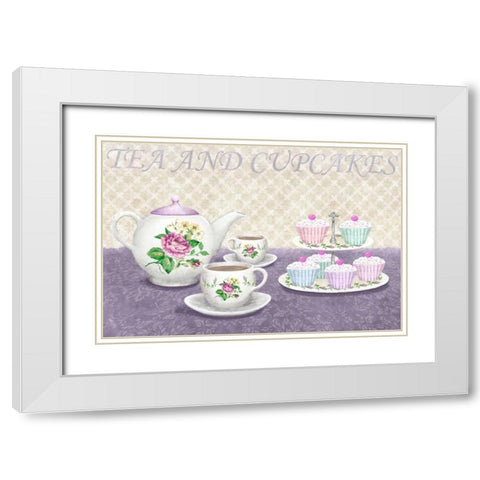 Tea and cupcakes White Modern Wood Framed Art Print with Double Matting by Linda, Wood