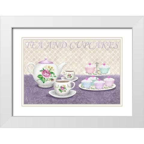 Tea and cupcakes White Modern Wood Framed Art Print with Double Matting by Linda, Wood