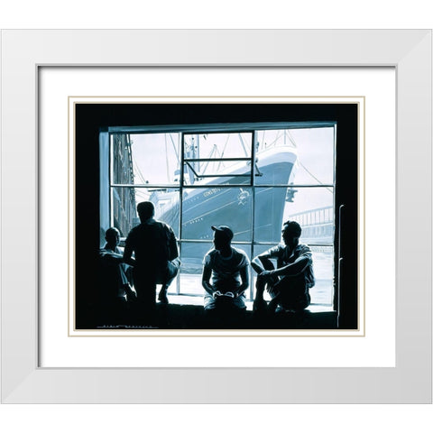 Les Dockers White Modern Wood Framed Art Print with Double Matting by Bertrand, Alain