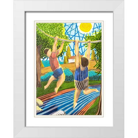 Dos Chicos jugando en el rio White Modern Wood Framed Art Print with Double Matting by Ortas, Javier