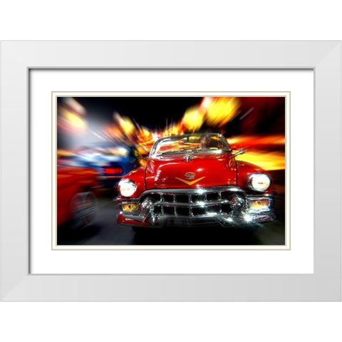 Cars in action - Cadillac rot White Modern Wood Framed Art Print with Double Matting by Debionne, Jean-Loup
