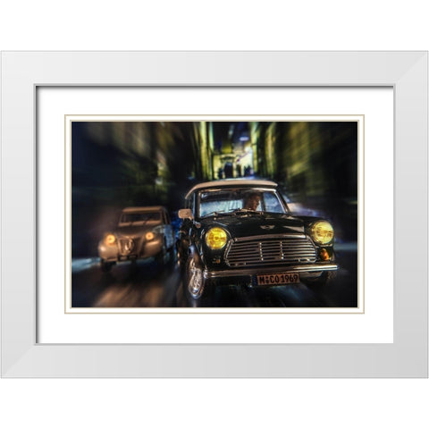 Cars in action - Austin Mini White Modern Wood Framed Art Print with Double Matting by Debionne, Jean-Loup
