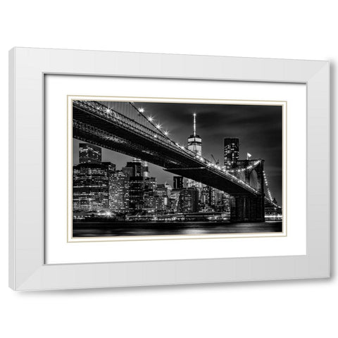 New York Skyline at Night White Modern Wood Framed Art Print with Double Matting by Seifinger, Toby