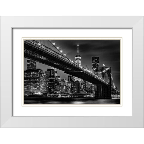 New York Skyline at Night White Modern Wood Framed Art Print with Double Matting by Seifinger, Toby
