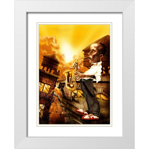 The Saxophonist -1 White Modern Wood Framed Art Print with Double Matting by Alvez, A. - Perez, A.