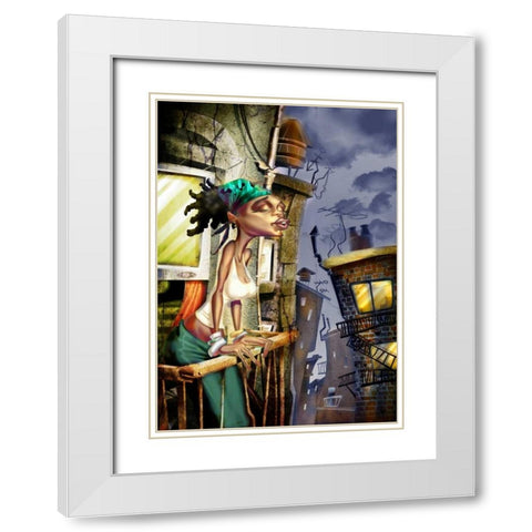 Girl on the Balcony -2 White Modern Wood Framed Art Print with Double Matting by Alvez, A. - Perez, A.