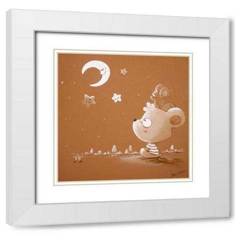 Bear and Moon White Modern Wood Framed Art Print with Double Matting by Vicedo, Diana