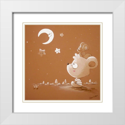 Bear and Moon White Modern Wood Framed Art Print with Double Matting by Vicedo, Diana