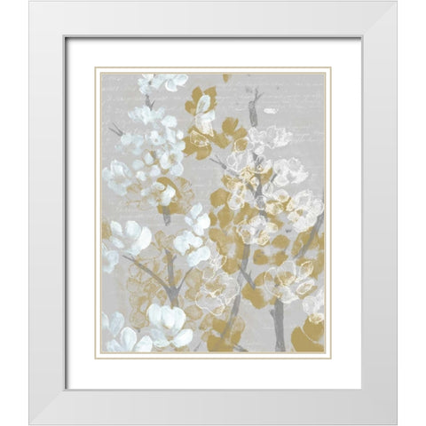 Mustard on Grey Blooms I White Modern Wood Framed Art Print with Double Matting by Goldberger, Jennifer